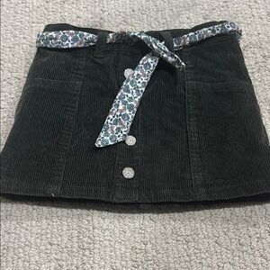 Girls Black Corduroy Button-Front Skirt with Floral Tie Belt